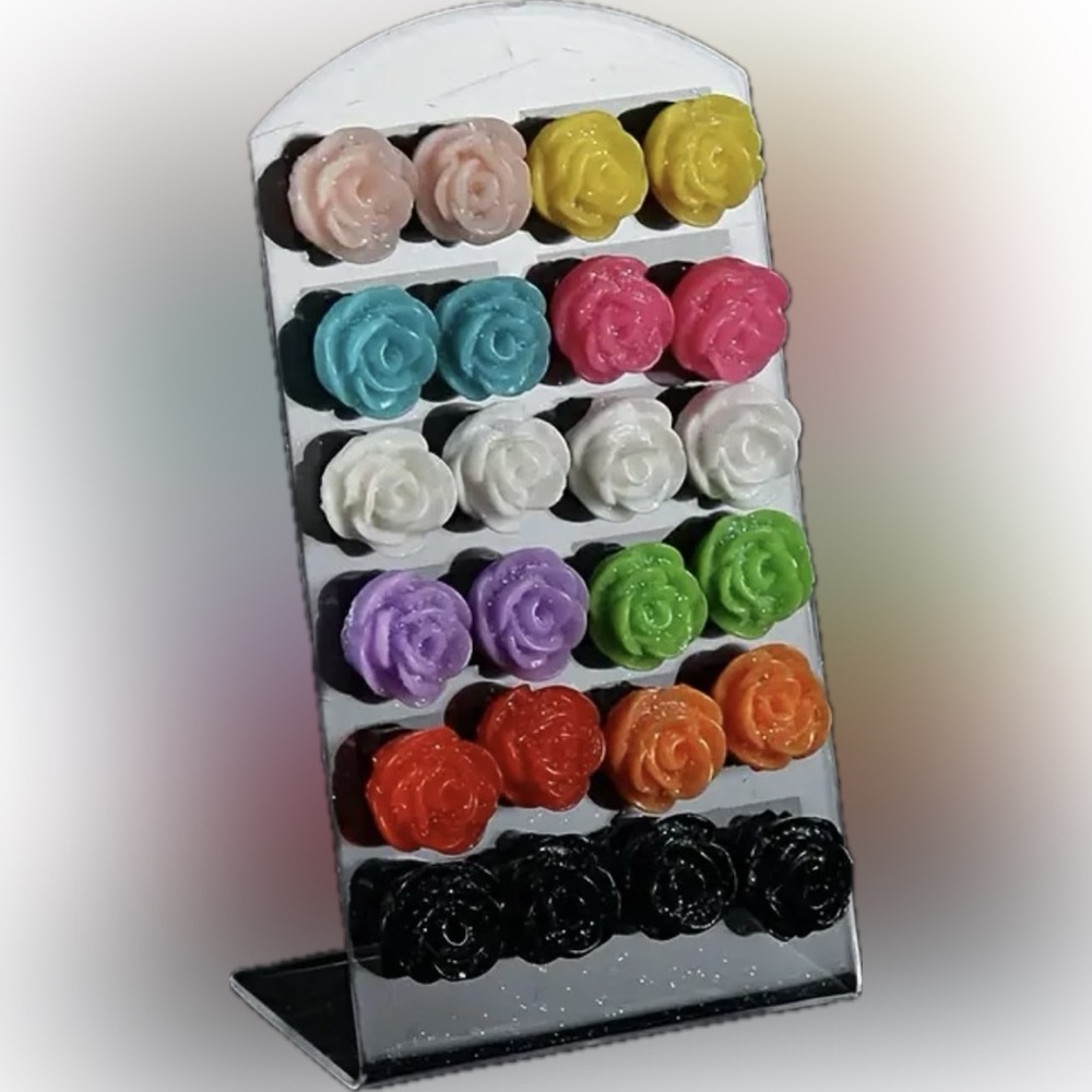 12pairs Fashion Multicolor Rose Flower Resin Stud Earrings